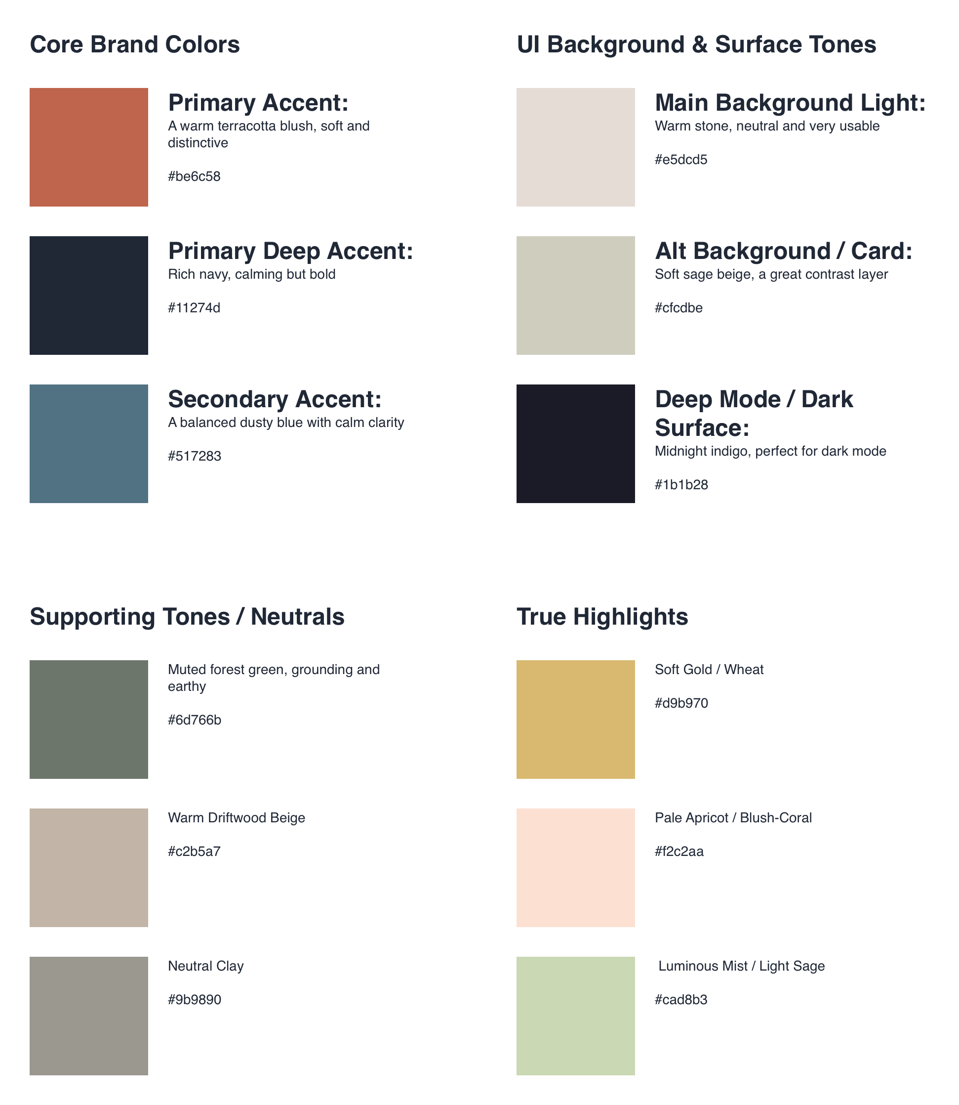 An artboard featuring color swatches with names and hex values, categorized by usage.