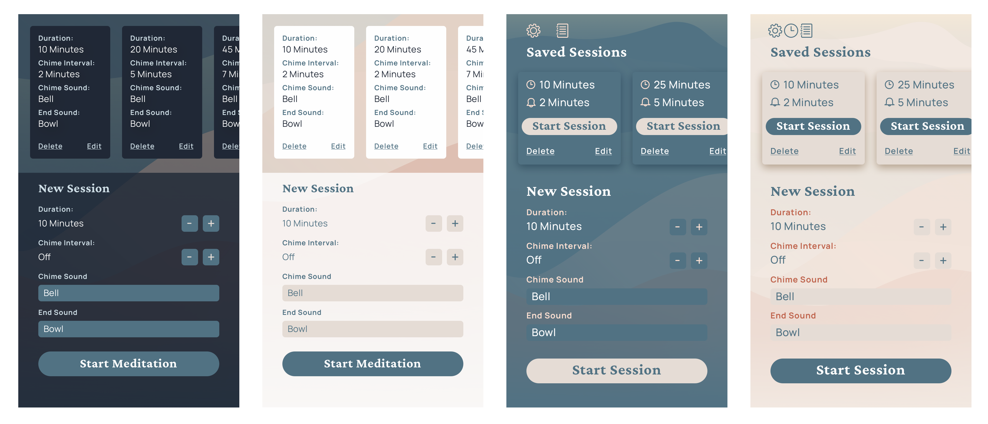 Early iterations of the UI design, featuring presets and the initial session setup screen.